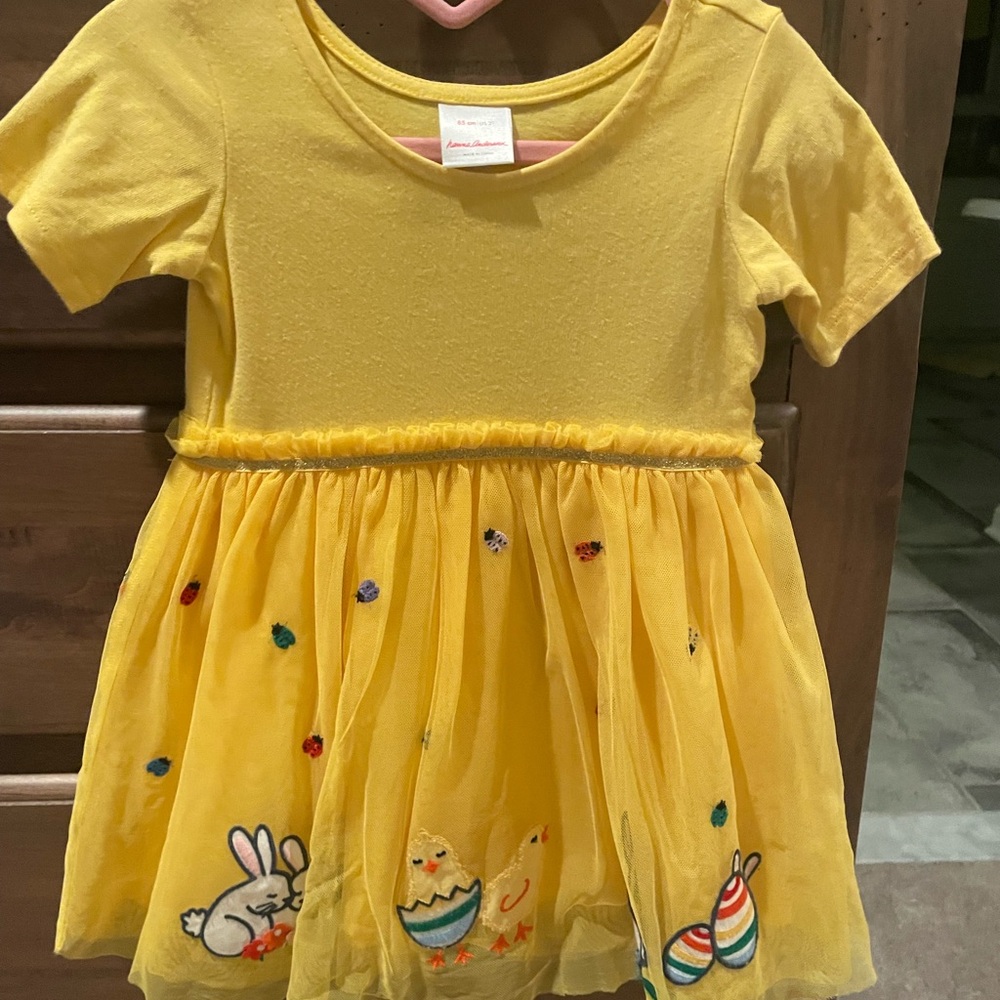 Hanna Andersson Yellow Dress with Embroidered Bunnies & Peeps. Easter/Spring